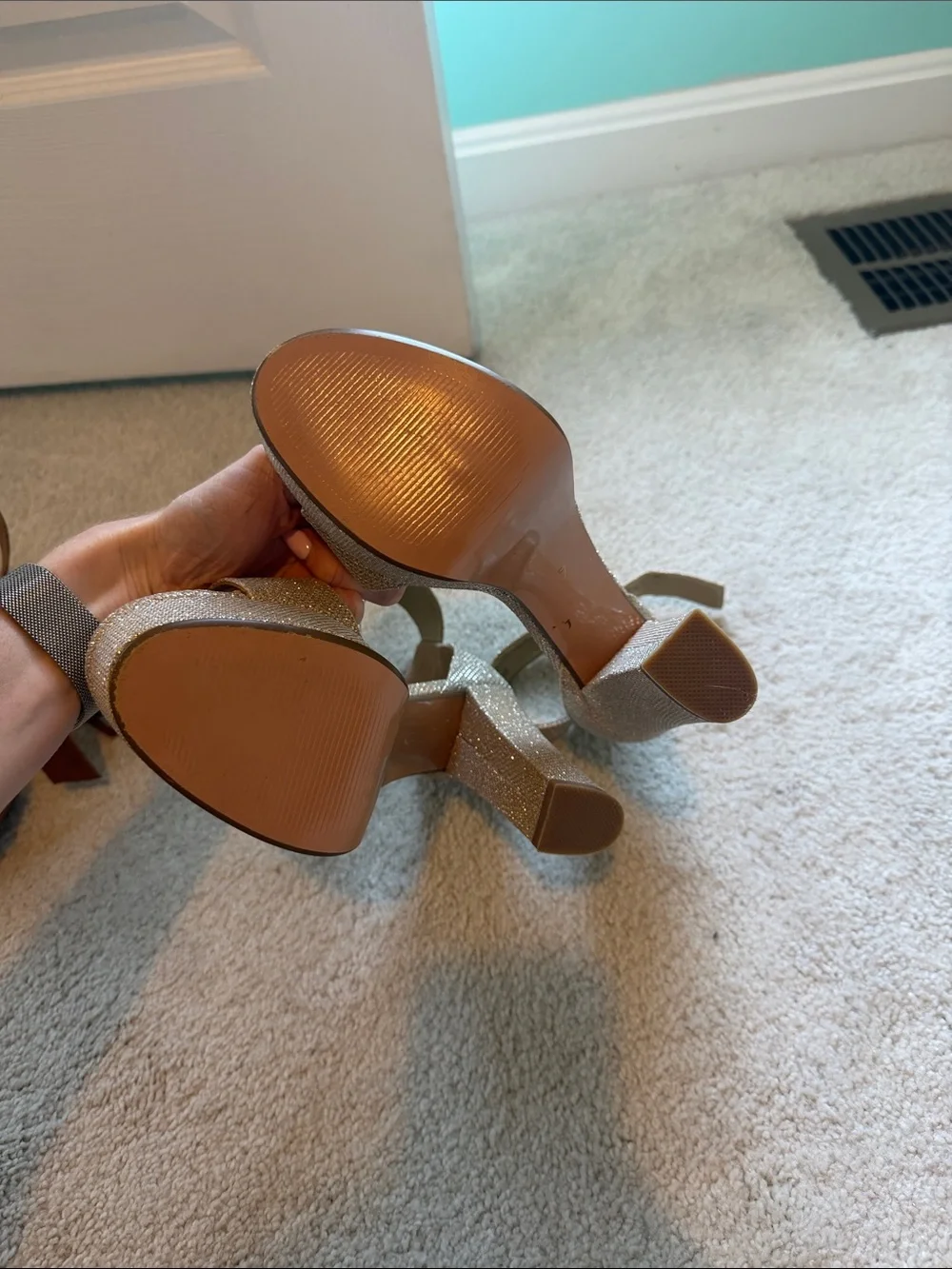 BCBG Glitter Platform Ankle-Strap Heels in Rose Gold